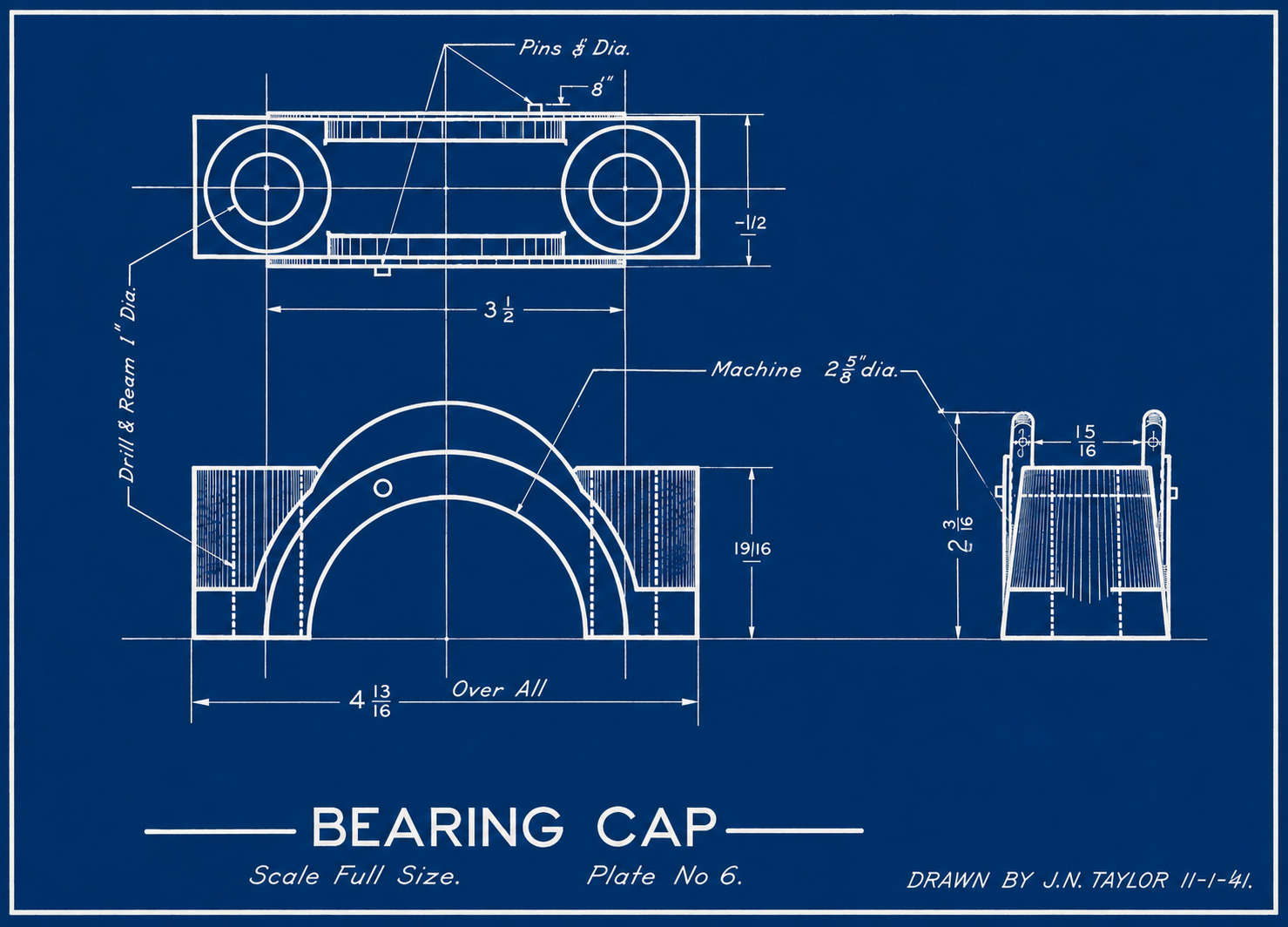 Bearing Cap technical drawing by J.N. Taylor, November 1, 1941